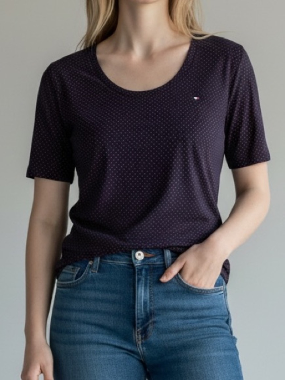 Tommy Hilfiger Navy Short Sleeve Scoop Neck Tee with Micro Dot Print